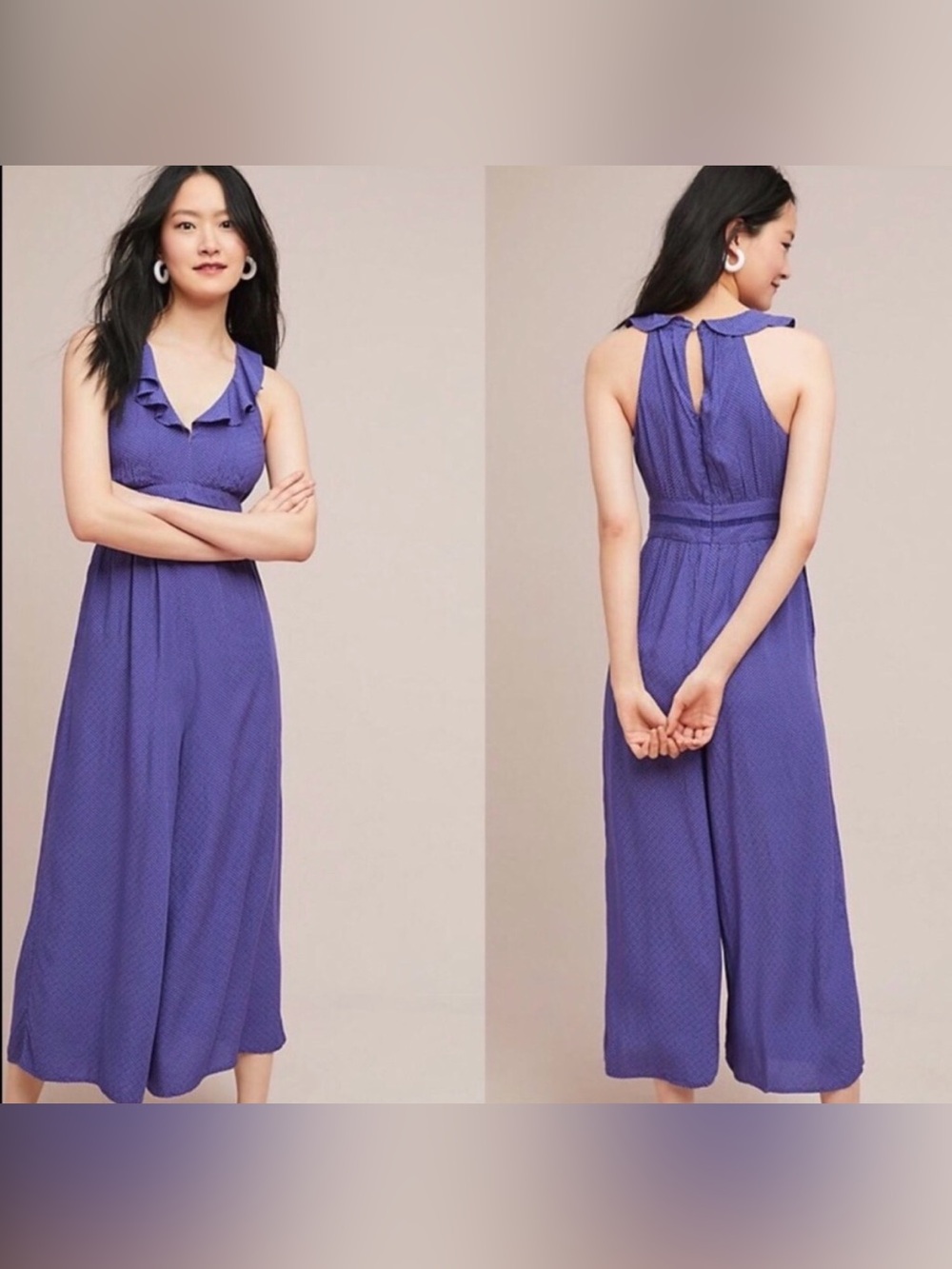 Maeve Anthropologie Justine Syros Polka dot navy blue & white jumpsuit